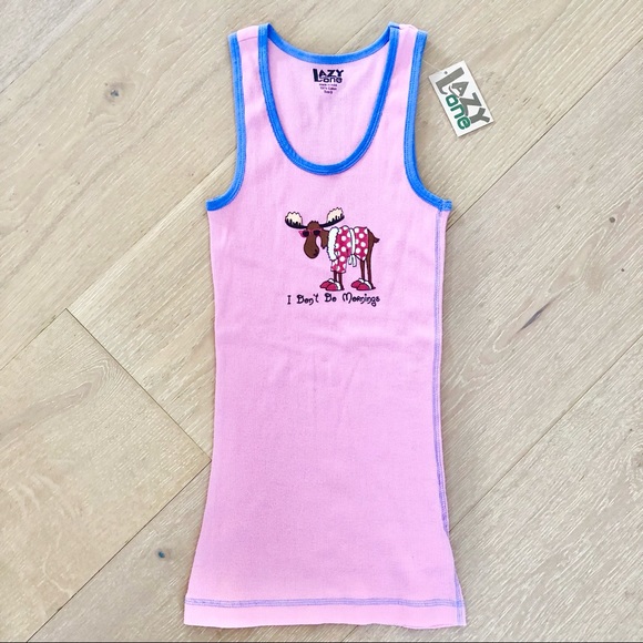 ⭐️Lazy One⭐️Pink Moose Graphic Ribbed Tank Top Cotton Tee T-Shirt Wo's S Small - Picture 1 of 9